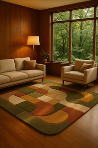 Mid-century Modern Geometric Wool Rug – Retro Abstract Green & Orange Hand-tufted Carpet | Vintage Style Living Room Decor - Etsy