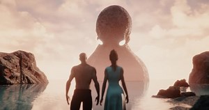 Animation of Couple standing next to the ocean when a giant octopus rise from the horizon