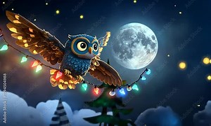 Colorful Animated Owl with Wings Spread, Illuminated by Christmas Lights, Flying Against a Starry Night Sky with a Bright Full Moon and Fluffy Clouds