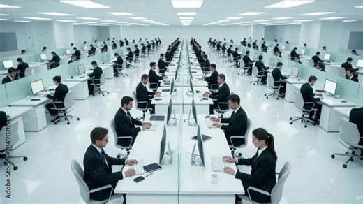 Slow Pan Across Endless White Office Rows Where Employees in Dark Business Suits Type on Computers, Manage Corporate Tasks, Synchronized Workflow, Strict Organization, Minimalist Workspace.