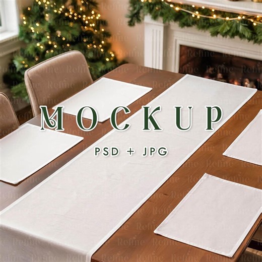 Christmas Table Runner Placemat Mockup PSD, Dining Textile Fabric Winter Table Cloth Sublimation Mock-up - Etsy