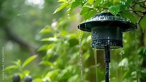 A closeup of a smart sprinkler rain sensor which can detect when it is raining and automatically pause watering. The sensor is mounted on a pole near the sprinkler heads and has small