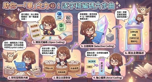 奇芽子的學習筆記 on Instagram: "〝꒰ 逐字稿編碼步驟 ꒱〞 1.回到你的研究發問與訪談大綱 目的：編碼不是漫無目的的標註，而是為了回答研究問題 做法： 1. 列出你的研究問題（Research Questions） 2. 把訪談大綱的主要題目、子題目也列出來 3. 先用這些題目作為「初步分類架構」的參考 小技巧：如果訪談大綱的問題很貼近研究目的，很多初步主題就可以直接從這裡來。 2.初步分類訪談問題（建立主題骨架） 把訪談大綱的問題依照研究目的分成幾大類（例如：經驗分享、挑戰與困難、改進建議、價值觀與態度…） 這些分類就是你的主題分類 在閱讀逐字稿時，可以先用這些類別做大方向分類，避免一次陷入細碎的開放式編碼 3.初步標註逐字稿（開放式編碼） 方法： 1. 一行行讀逐字稿，對重要句子或段落加上簡短的「代稱」或「關鍵詞」 2. 編碼文字不需要太學術，可以是簡短描述，例如：「對活動流程不熟」、「覺得缺乏資源」、「希望多實地觀察」 3. 如果是第一次編碼，可以盡量多標，不要急著刪減 工具： Word / Google Docs（用註解功能標註） Notion（建立資料庫，欄位