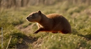A groundhog climbing up a small hill, leaving a trail behind
