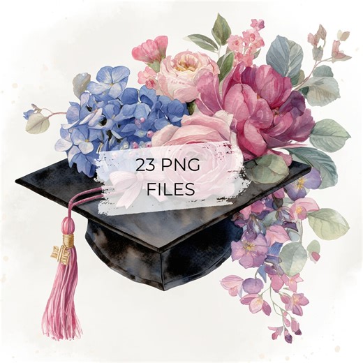 Graduation Clipart Watercolor Floral Graduation Cap PNG Bundle Pink Flowers Diploma Hat Design for Invitations & Scrapbooking - Etsy
