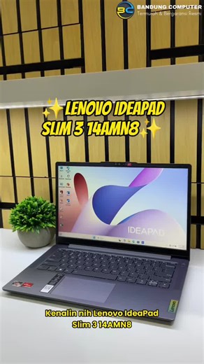 Lenovo IdeaPad Slim 3-14AMN8 Ryzen 3 7320U 8GB SSD 512GB 14″ W11 OH2024 M365 Spesifikasi Processor : AMD Ryzen 3 7320U (4C / 8T, 2.4 / 4.1GHz, 2MB L2 / 4MB L3) Graphics Integrated : AMD Radeon 610M Graphics Chipset : AMD SoC Platform Memory : 8GB Soldered LPDDR5-5500 Storage : 512GB SSD M.2 2242 PCIe 4.0×4 NVMe Display : 14″ FHD (1920×1080) TN 250nits Anti-glare Operating System : Windows 11 Home Single Language, English Bundled Software : Microsoft 365 Basic (1Year) Office Home 2024 Card Reader