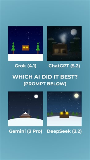 Robot Cat on Instagram: "Which AI did it best? Prompt: Create a single-file with HTML/CSS/vanilla JS only (no libraries/assets) that renders a snowy cabin scene inside a centered square scene container (responsive). Include: falling snow (parallax layers), glowing cabin windows, smoke rising from chimney, pine trees swaying slightly, and a soft night sky gradient. The whole animation needs to be 15 seconds."