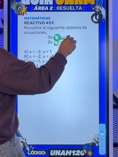 Reactivo #51 Matemáticas - Guía UNAM 2026 | Área 2 ✍️ Sistema: 13x 5y = 7 2x - y = -2 Usamos eliminación 👇 Multiplicamos la segunda ecuación por 5 para eliminar la y. Al sumar: 13x = -13 Entonces: x = -1 Buscas la opción donde x = -1 Respuesta correcta: inciso C ✅ 🤓 Estudia Matemáticas y todas las materias del área 2 con el Curso UNAM 2026 en Unibetas Súper Pro. 🔗 Link en nuestro perfil. #Unibetas #unam #reactivosunam #examenunam