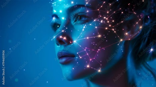 Glowing constellations map across a woman's face, fusing cosmic wonder with urban edginess.