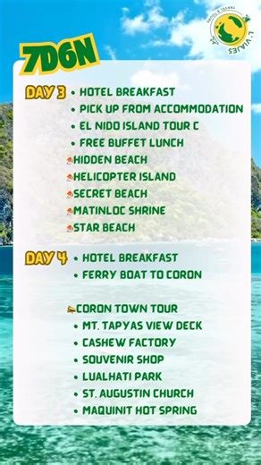 PALAWAN Tri-City trip goals? 🌴🌊 TARA NA sa Puerto Princesa, El Nido, at Coron. Isang linggong island-hopping, lagoons, beaches, at sunsets, best for your IG feed! 📌 Reservation: ₱3,000/pax (ASAP to secure slot) ✖ Airfare & ferry boat not included 📅 Itinerary Overview: ✨ Day 1 – Puerto Princesa -Arrival, Underground River tour with buffet lunch, travel to El Nido, hotel check-in. ✨ Day 2 – El Nido Tour A -Big Lagoon, Secret Lagoon, Payong-Payong Beach, Simizu Island, 7 Commandos, buffet lunch
