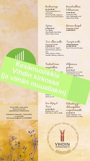 Kesämusiikkia-konserttisarja ottaa varaslähdön! Vihdin Kamarikuoron Rauhanmaja-kesäkonsertti Vihdin kirkossa ke 31.5. klo 19. Muut konsertit (pääasiassa) Vihdin kirkossa (pääsääntöisesti torstaisin! Kaikki konsertit https://www.vihdinseurakunta.fi/tapahtumat/kesamusiikkia-2023 | Vihdin seurakunta