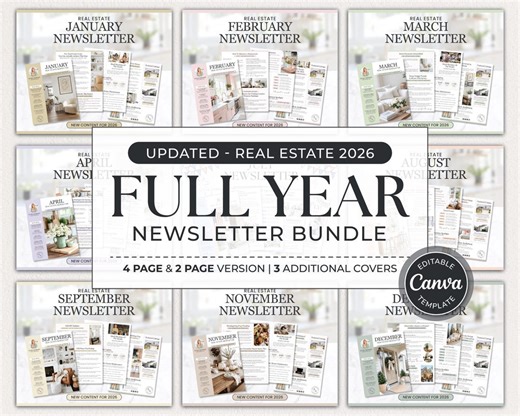 2026 Real Estate Newsletter Template Bundle | Full Year Newsletter Marketing Bundle | Real Estate Mailer Bundle | Editable Canva Templates - Etsy