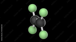 Molecular structure of Tetrafluoroethylene(perfluoroethylene or TFE). C2F4. 3D render. Seamless loop. Chemical structure model: Ball and Stick. RGB + Alpha (Transparent) channel