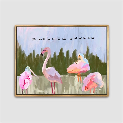 Flamingo Wall Art Print, Soft Pastel Bird Painting, Minimal Wildlife Landscape, Modern Nature Decor - Etsy