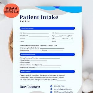 Editable Patient Intake Form: Medical & Counselor Clinic Forms (digital Download) - Etsy