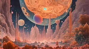 Abstract animation of alien life, another planet, space creatures, wavy world, parallel universe, aerial buildings, pillars. Pastel colors, scale. Generative by AI.