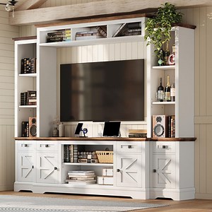 Merluxy Farmhouse Wall Unit TV Stand with Bookshelf & Wine Cabinet, Power Outlets for 78" TVs, White