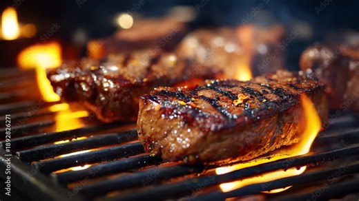 Juicy steak cooking over open flame grill