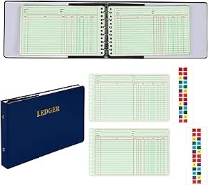Skyygemm Ring Ledger Binder with 200 Pcs 5"x8.5" Ledger Sheets Small Index Tabs for Bookkeeping Accounting Business with Debit Credit Balance Columns(Blue Cover, Yellow Sheets)