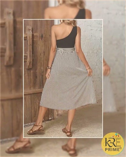 KRE Prime Women Striped One-Shoulder Slit Dress