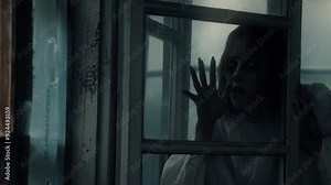 Woman ghost touching the window pane and glass