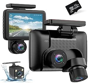 3 Channel 2K Dash Cam, Dash Camera for Cars with Free 32GB SD Card, 2K+1080P+1440P Dash Cam Front and Rear Inside, Super Night Vision, Loop Recording, G-Sensor, Motion Detection, 24 Hours Parking Mode