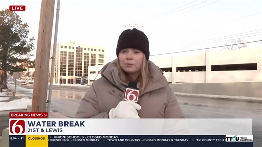 Heads up, drivers! 🚧 A water main break near 21st and Lewis is sending water down the street, and with the extreme cold, it could freeze quickly. Crews are on scene working to fix it. Avoid the area if you can. | KOTV - News On 6