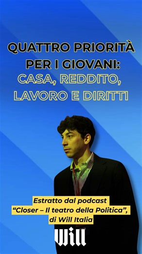 Jacopo Gasparetti on Instagram: "💪🏻 Grazie a @will_ita! Da giovane attivista generazionale credo siano 4 le priorità urgenti per noi giovani: casa, reddito, lavoro, diritti. Perché nessun under 35, senza un aiuto della famiglia, può riuscire a comprare casa. Perchè gli affitti costano troppo e vivere da fuori sede é diventata un’impresa. Perché nel 2024 solo il 34% dei giovani tra 15 e 29 anni lavora, peggior dato europeo. Perché la precarietà domina il lavoro giovanile: nel 2025 oltre l’82% d