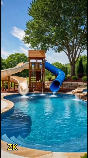Backyard Pool + Water Slide Build in 30 Seconds 🤯💦 #shorts #zk_home