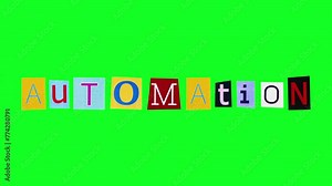 Automation word made of animated letters cut from magazines filmed against chroma key. Loop stop motion of text meaning process of system control and innovation in electronic information management