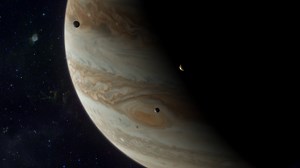 A Close-up Of Planet Jupiter Orbited Three Stock Motion Graphics SBV-349168592 - Storyblocks