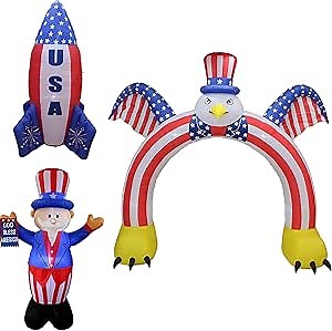 THREE PATRIOTIC PARTY DECORATIONS BUNDLE, Includes 9 Foot Tall 4th of July Inflatable Flying Eagle Archway, 6 Foot Tall Inflatable Rocket Ship, and 6 Foot Tall Inflatable Uncle Sam Blowup with Lights