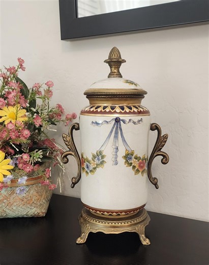 Antique Urn-form Ceramic Apothecary Style Jar With Brass Ormolu Mounts - Hand Decorated Floral Urn - Etsy