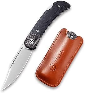 CIVIVI Rustic Gent Pocket Knife - Lockback Hunting Knife with D2 Clip Point Blade - Folding Knife with Black G10 Handle - Leather Sheath with Pocket Clip (C914A)