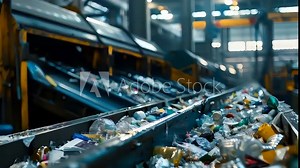 3D animation of a conveyor machine with plastic bottle waste and wrappers, illustrating plastic recycling and environmental sustainability