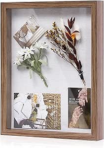 Muzilife 11x14 Shadow Box Picture Frame with Linen Board - Deep Wood & Glass Display Rustic Case Ready to Hang Memorabilia, Pins, Awards, Medals, Wedding, Tickets, and Photos, Brown