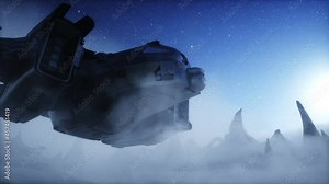 futuristic ship landing on alien planet. Mars surface. Realistic 4k animation.