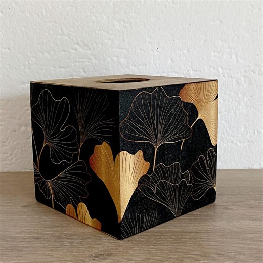 Wooden Tissue Box Cover. Black and Gold Ginkgo Leaf Decoration. Napkins Box Holder. - Etsy