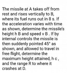 The missile at A takes off from rest and rises vertically to B,... | Filo