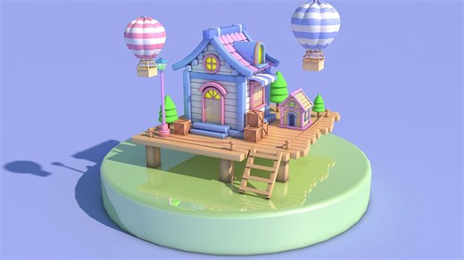【C4D案例58下】海滨小房子建模，C4D实例建模卡通小场景，从方块到成体搭建建模过程，色系依旧唯美清新解压风色调有源文件带普通材质，渲染用的是内置渲染器