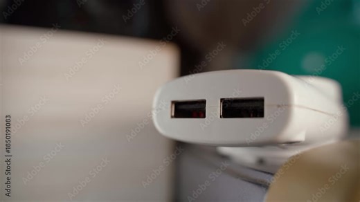 Pulling and inserting a USB cable into an adapter for a socket, close-up