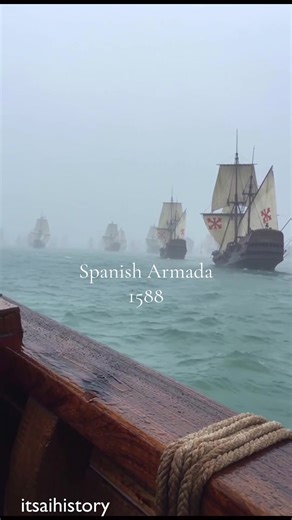 🌊 1588 | The Spanish Armada in the English Channel What you’re seeing: An on-deck view inside the “Grande y Felicísima Armada” (Spain’s official name for the fleet, meaning “Great and Most Fortunate Armada”) as it pushes through cold, choppy Channel swells. Where is this? The English Channel (between southern England and northern France) during the Armada’s approach toward the Strait of Dover and the Flemish coast. Why did the Armada go to England? Spain’s goal was to knock England out of the w