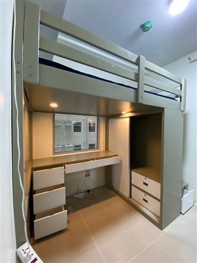 2.4M views · 21K reactions | Semi Double Size Loftbed with Sliding Cabinet and Table (Ledlight) 48x75. Materials: Mahogany Wood & 3/4 Plyboard #QuadCornerFurniture #SlidingCabinet #tabledecor #LoftBed #cabinetdesign #ledlights #fypシ゚viralシ | Quad Corner Furniture | Facebook