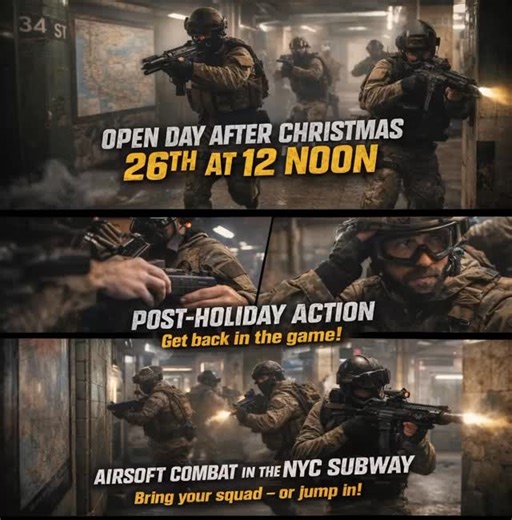  Airsoft Open– December 26th We’re back the day after Christmas and it’s time to reload   Starts at 12 NOON  Indoor Arena • South Florida ✅ All levels welcome  Realistic combat experience  Bring your team or join a squad The holidays aren’t over until the last shot’s fired. See you on the field.  #AirsoftOpenDay #SouthFloridaAirsoft #IndoorTactical #ReloadAndGo #AirsoftEvent GearUpAndPlay | Palm Beach AirSoft | Facebook
