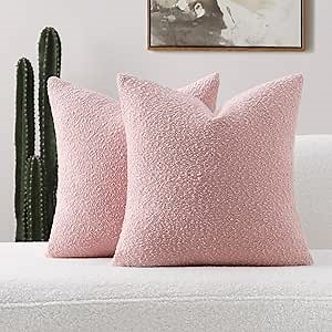 FUTEI Pack of 2 Pink Decorative Throw Pillow Covers 18x18 Inch Soft Cozy Solid Boucle Textured Cushion Case,Modern Home Decor for Couch Bed Living Room