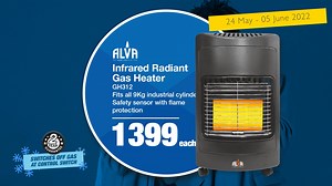 Heat your home up and switch to gas with this Alva Infrared Radiant Gas Heater for only R1399 each! Valid from 24 May – 5 June 2022 at your nearest participating Mica Hardware store. Click here: https://bit.ly/3wycvtk & https://bit.ly/3luyICc to view our full promotion. #MakeitwithMica #LetUsShowYouHow | Mica Hardware