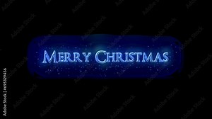 Merry Christmas text with blue glittering particles. Christmas text animated with sparkles effect and bokeh, alpha channel, transparent