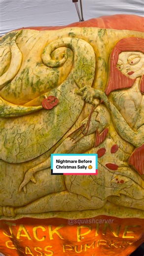 Sally Nightmare Before Christmas giant pumpkin carving 🎃 Made this one 2 years ago at the Jack Pine Glass Pumpkin Festival. #giantpumpkin #pumpkincarving #halloween #spookyseason #nightmarebeforechristmas