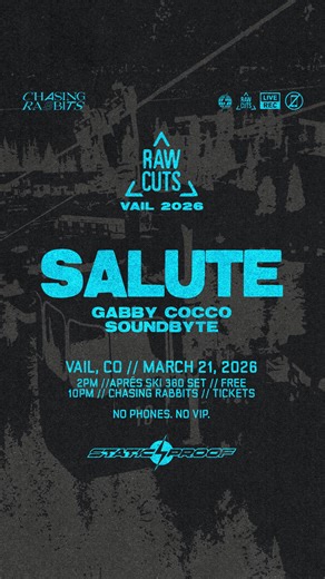 𝐑𝐀𝐖 𝐂𝐔𝐓𝐒 on Instagram: "🎿 Saturday, March 21st, @rawcuts.tv x @static.proof present 360° Après Ski Set with @saluteaut 🎿 An annual highlight. Is it too early to say event of the year? After one of our favorite out-of-town shows to date last year, there was no way we weren’t coming back to Vail. Once again partnering with our friends at Static Proof and Chasing Rabbits, we’re back for the no-phones Après Ski party of the winter. This year, we welcome Salute to the rink, bringing their on