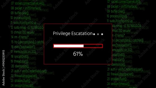 Progress bar shows 100% percent of privilege escatation on a background of computer code programming.